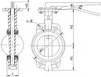 Эскиз Затвор дисковый поворотный 316L-316L-EPDM Ду200 Ру16, корпус - нержавеющая сталь, диск - нержавеющая сталь, уплотнение - EPDM, с ручкой