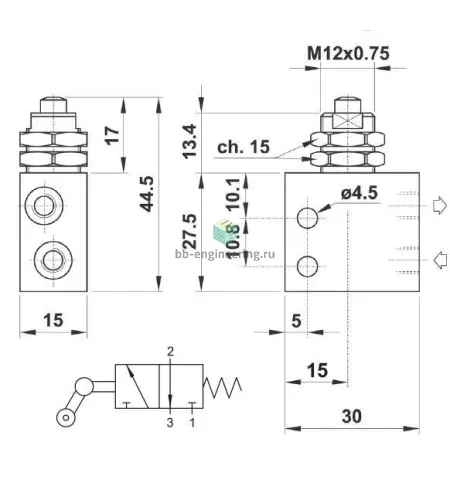 02V E0 3 NC B5 AIGNEP - Распределитель механ. упр., 3/2 НЗ, M5, изображение 2