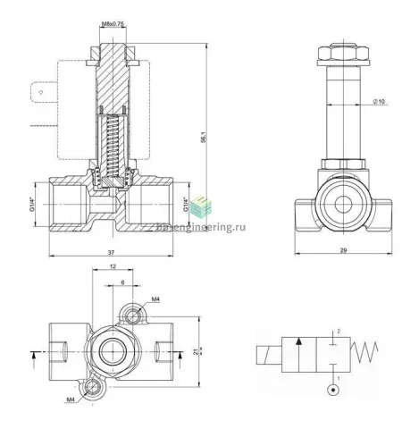 01F 03 1 02 V 0 AIGNEP - Клапан электромагнитный, G1/4, двухходовой (2/2) НЗ, без катушки, латунный, изображение 2